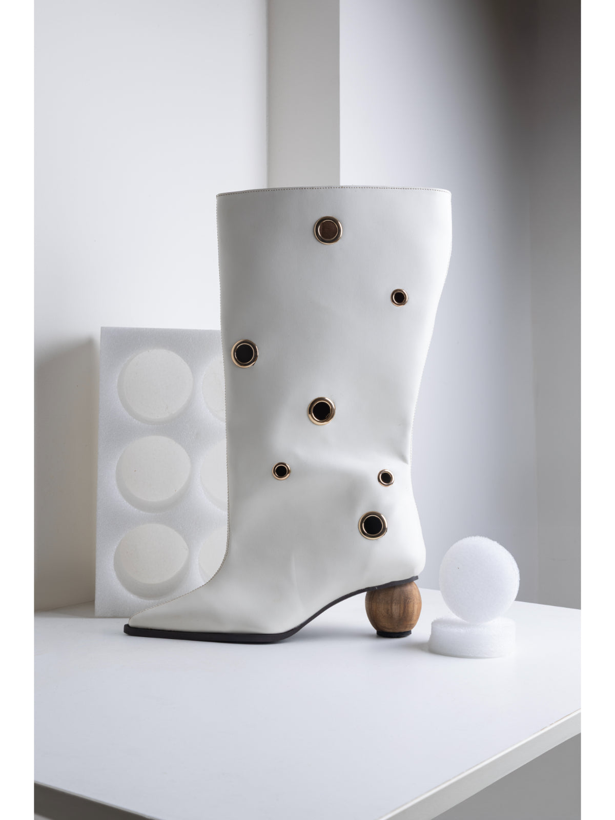 Tide White Boot with Laser Cutouts & Circular Wood Heel