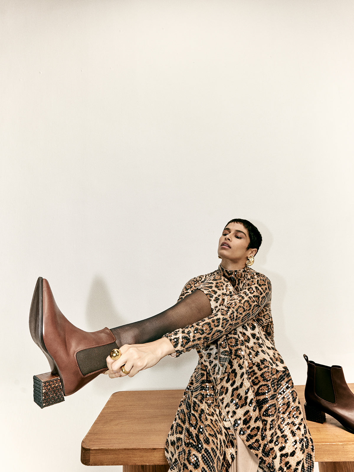 Mocha Brown Vegan Leather & Engraved Wooden Block Heel Ankle Boots