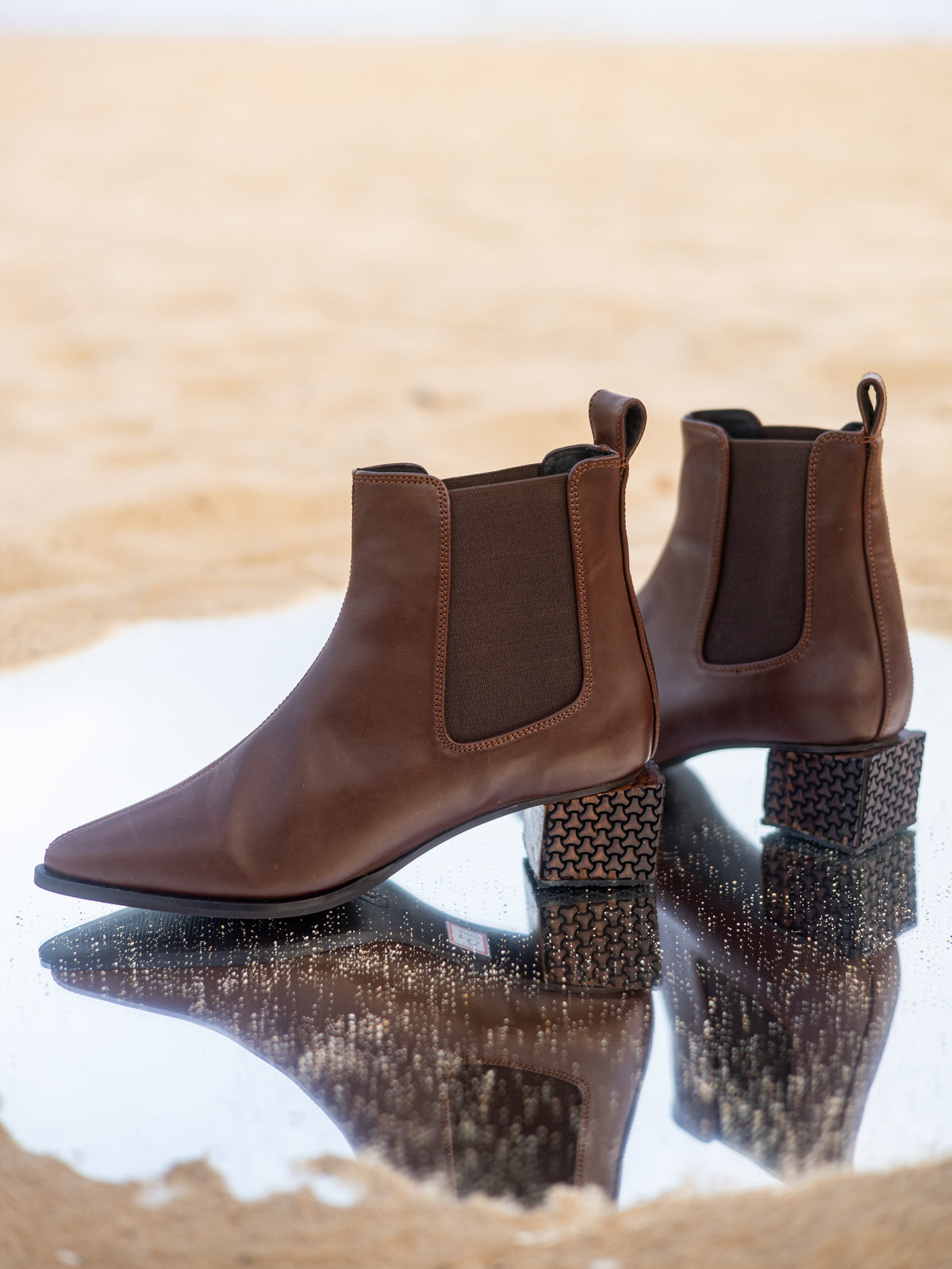 Mocha Brown Vegan Leather & Engraved Wooden Block Heel Ankle Boots