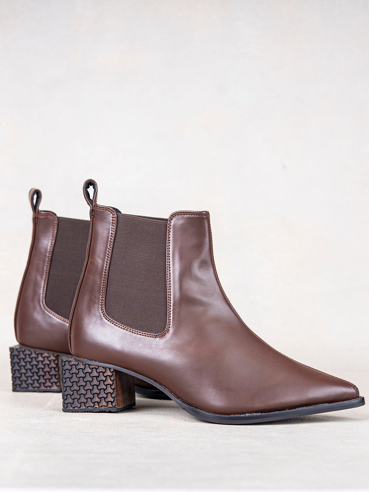 Mocha Brown Vegan Leather & Engraved Wooden Block Heel Ankle Boots