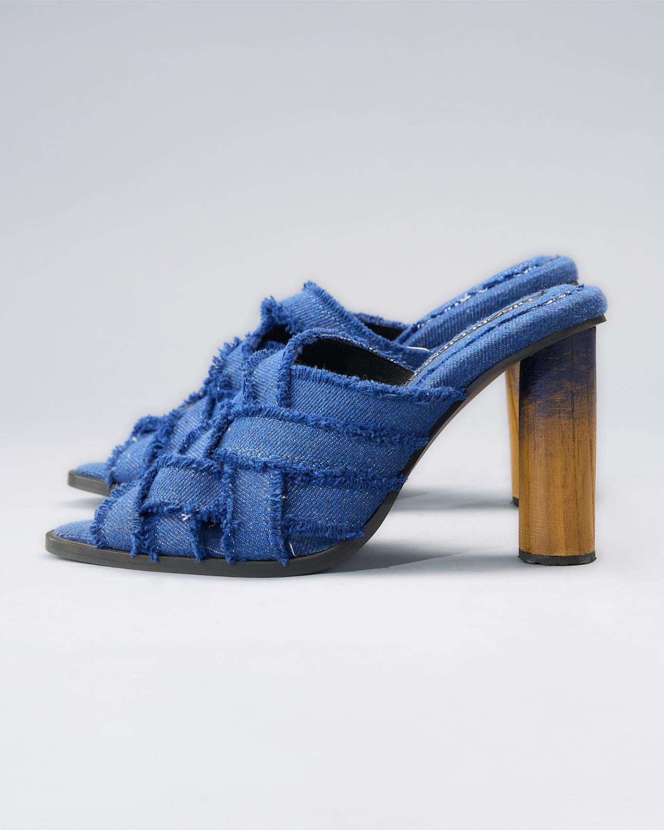 Handwoven Denim Mule Crafted from Recycled Cotton, and Hand-Built Teakwood Heel