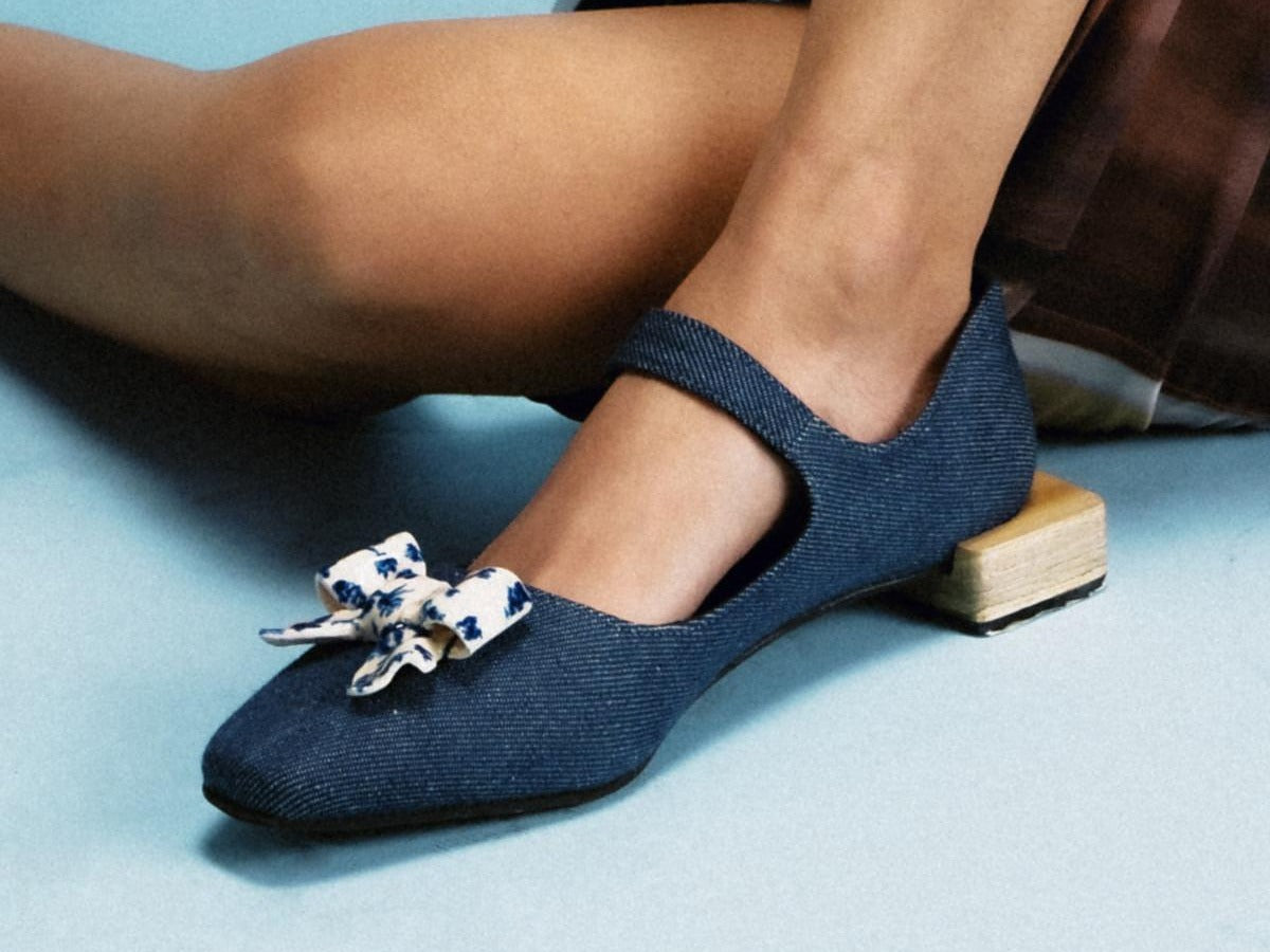 Handwoven Denim Shoe Crafted from Recycled Cotton, & Hand-Made Ceramic Bow