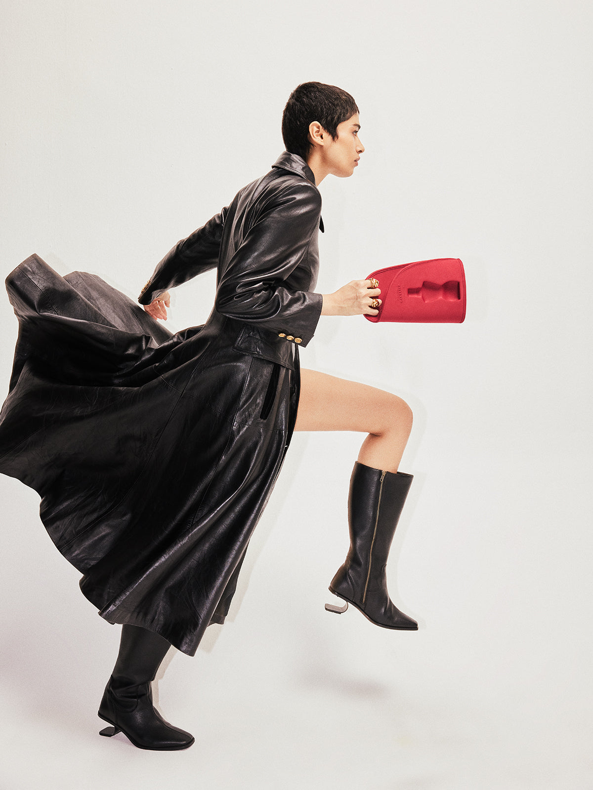 Inky Black Plant Leather and Stainless Steel Knee Boots