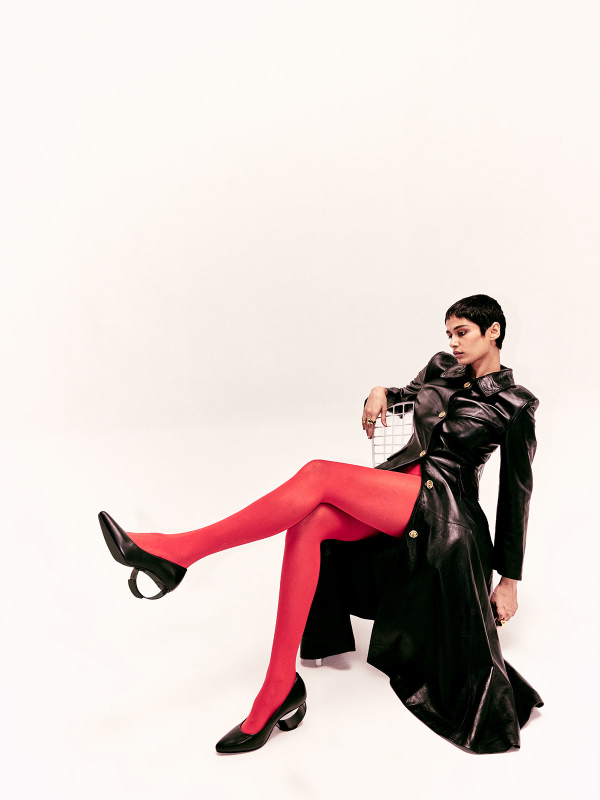 Midnight Black Plant Leather & Steel Crescent Heel Pumps