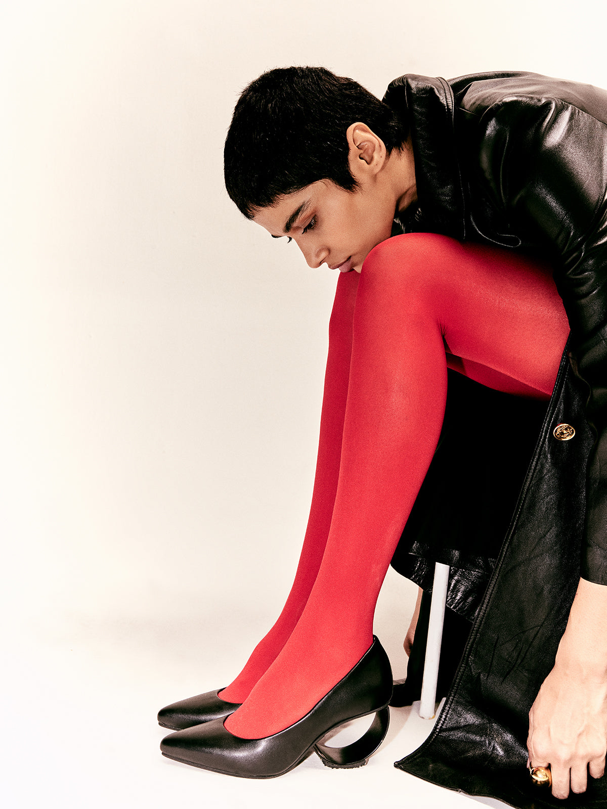 Midnight Black Plant Leather & Steel Crescent Heel Pumps