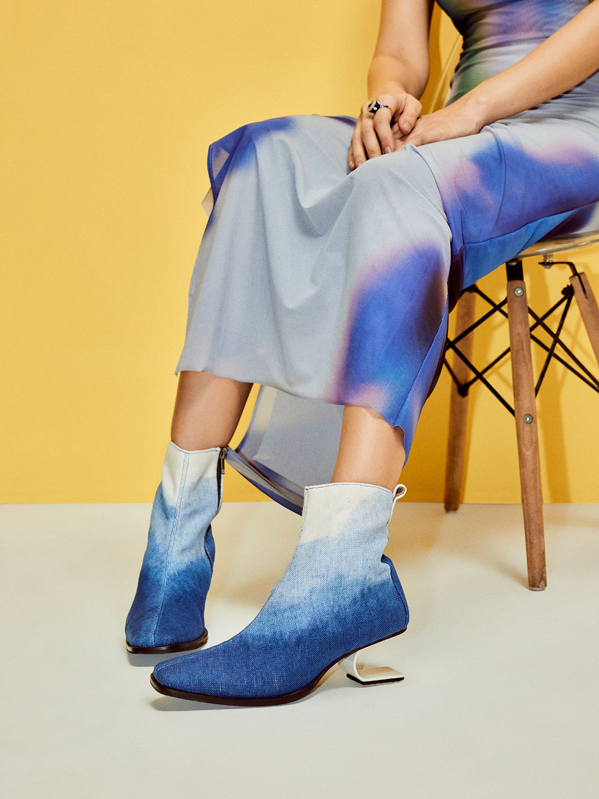 Blue & White Cotton and Stainless Steel Ankle Boots