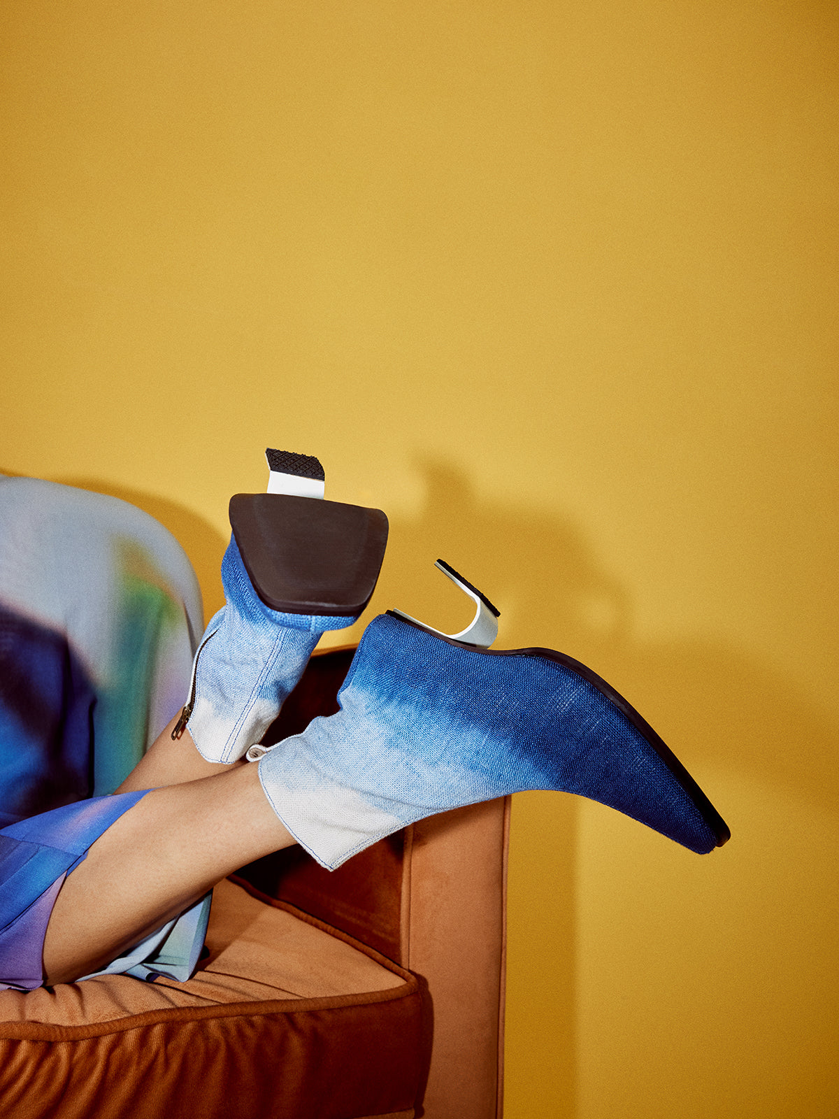 Blue & White Cotton and Stainless Steel Ankle Boots