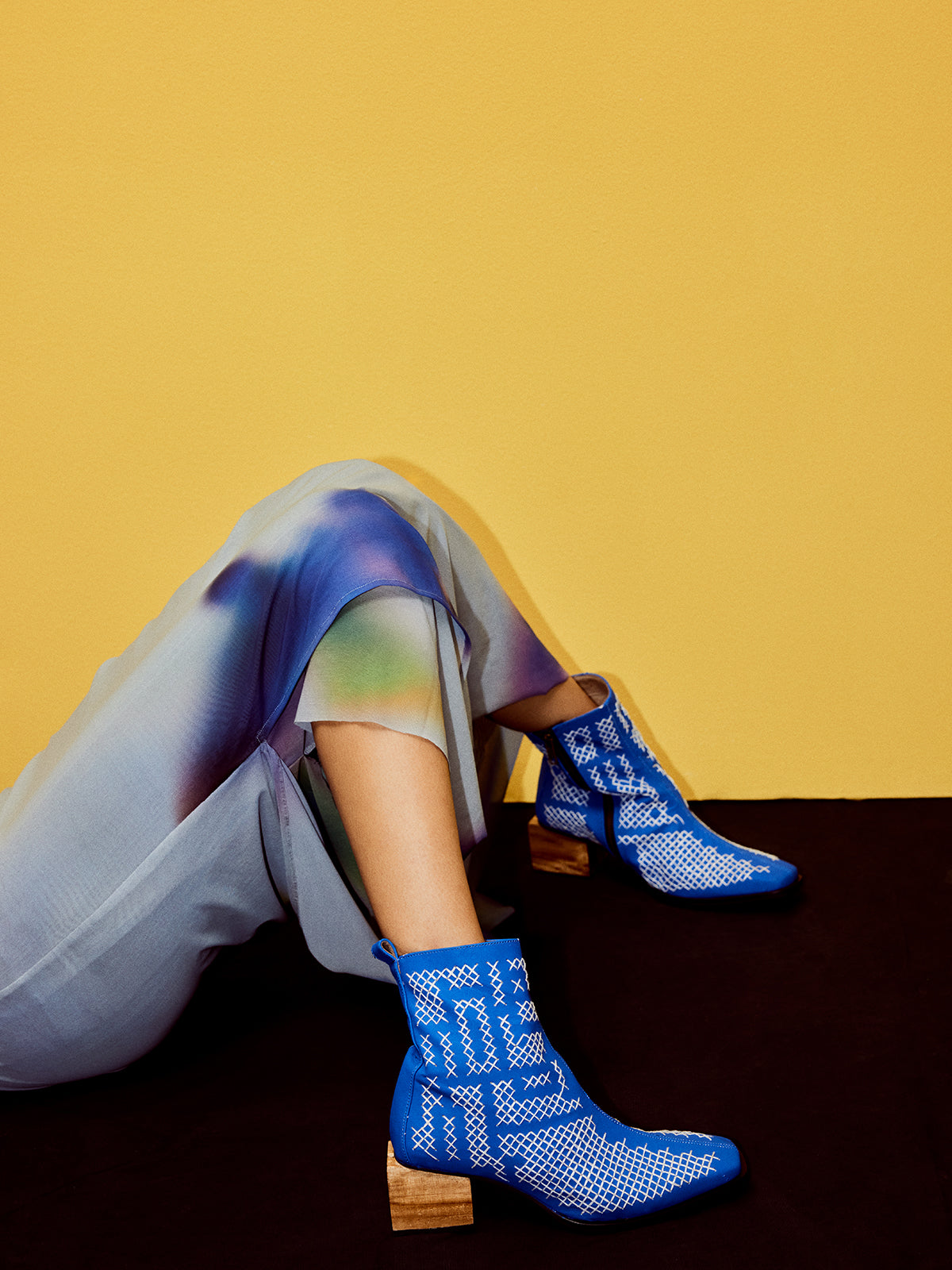 Embroidered Cobalt Blue Vegan Leather & Wooden Block Heel Ankle Boots