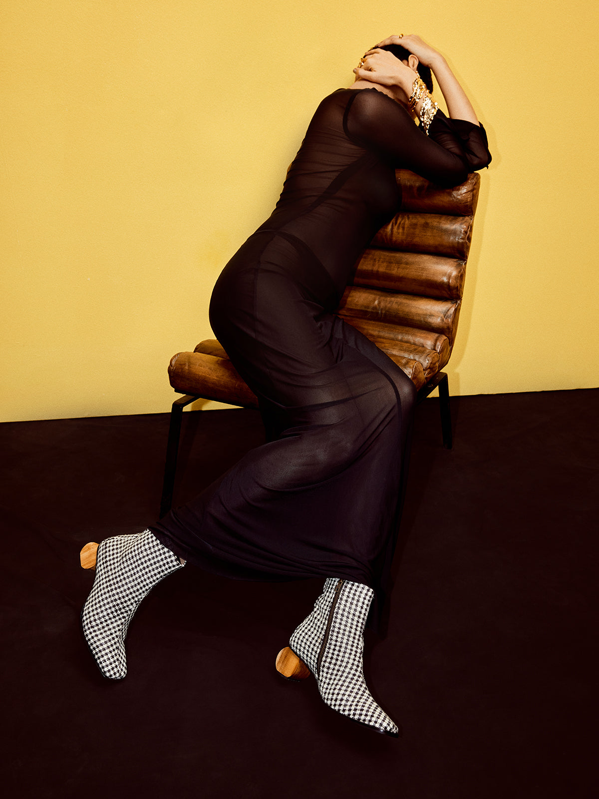 Black Gingham Upcycled Fabric & Wooden Circular Heel Ankle Boots