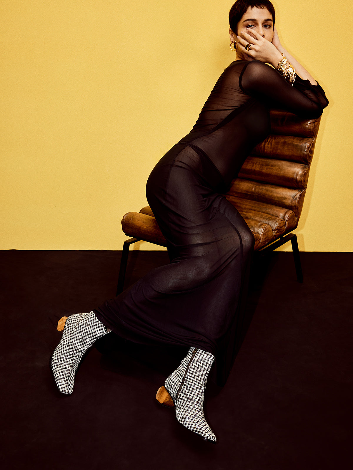 Black Gingham Upcycled Fabric & Wooden Circular Heel Ankle Boots