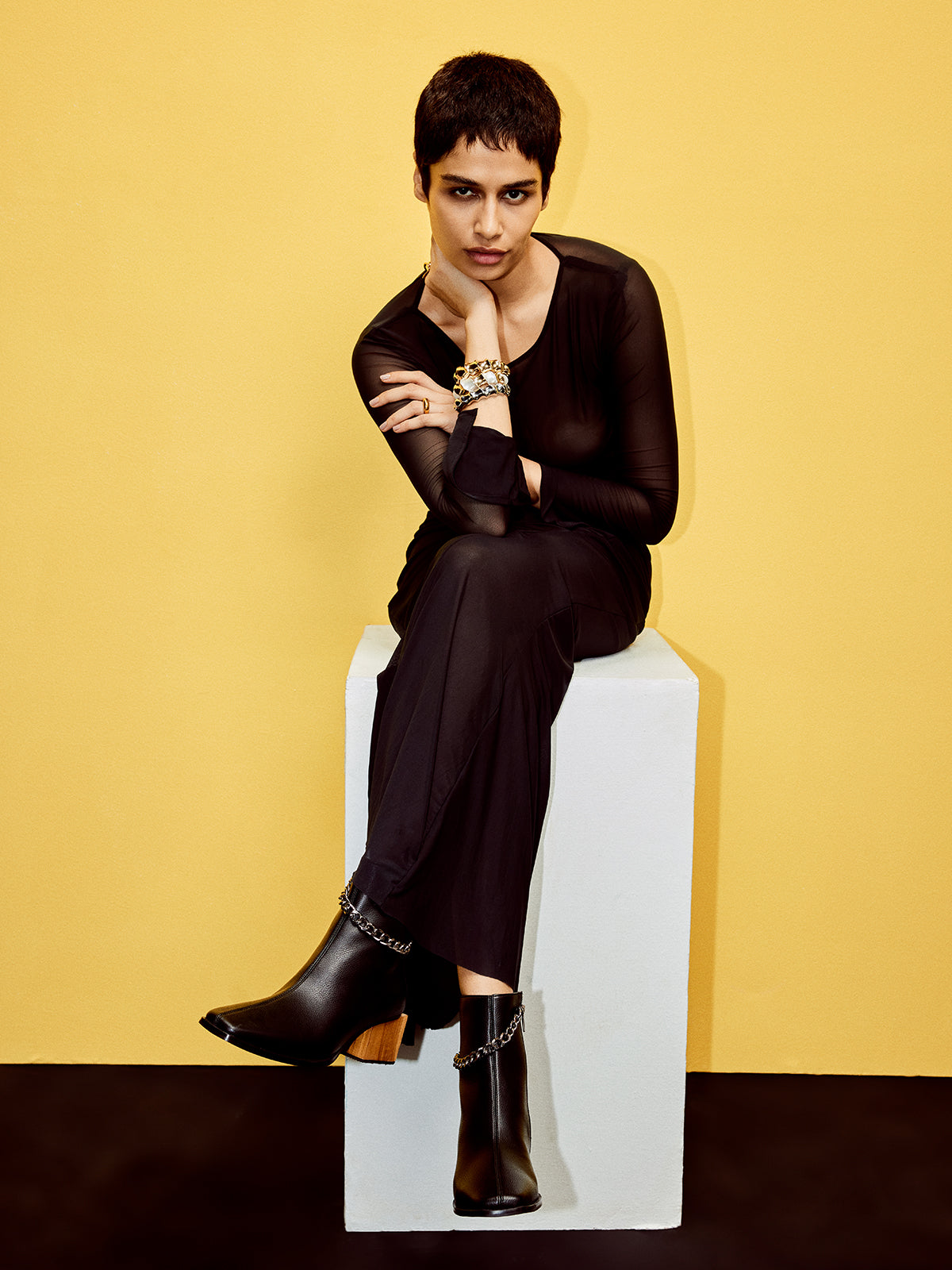 Onyx Black Plant Leather & Wooden Block Heel Ankle Boots with Cuban Link Chain