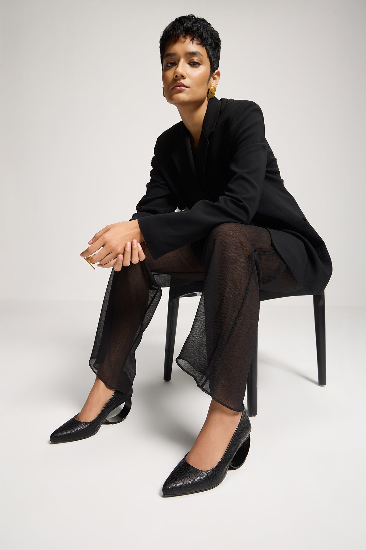 Embossed Black Plant Leather & Steel Crescent Heel Pumps