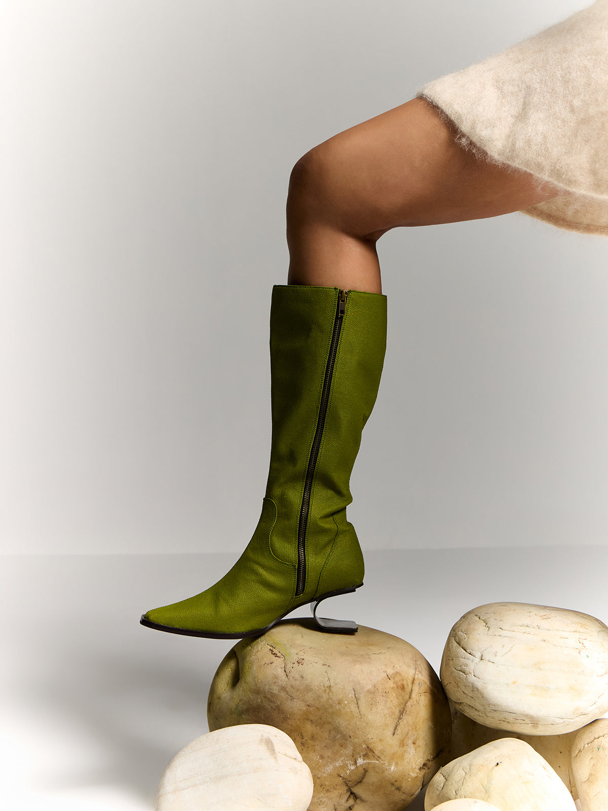Lime Green Plant Leather and Stainless Steel Knee Boots