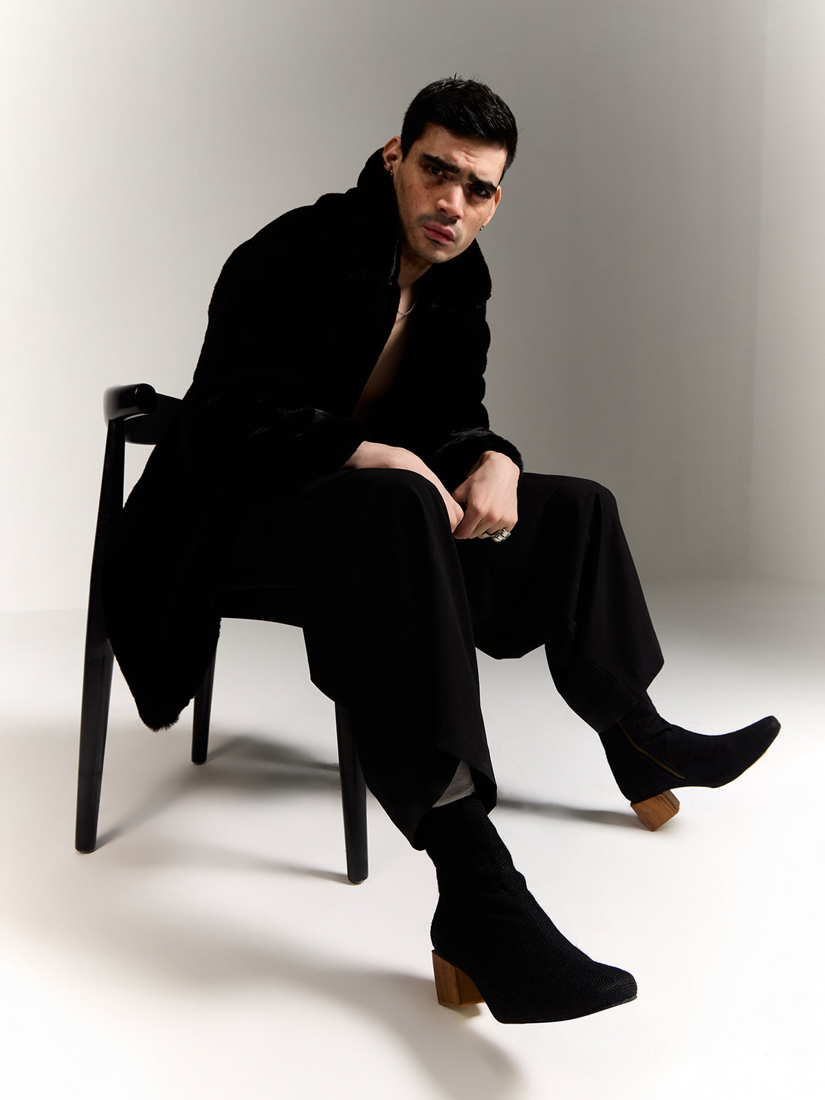 Onyx Black Plant Leather & Wooden Block Heel Ankle Boots