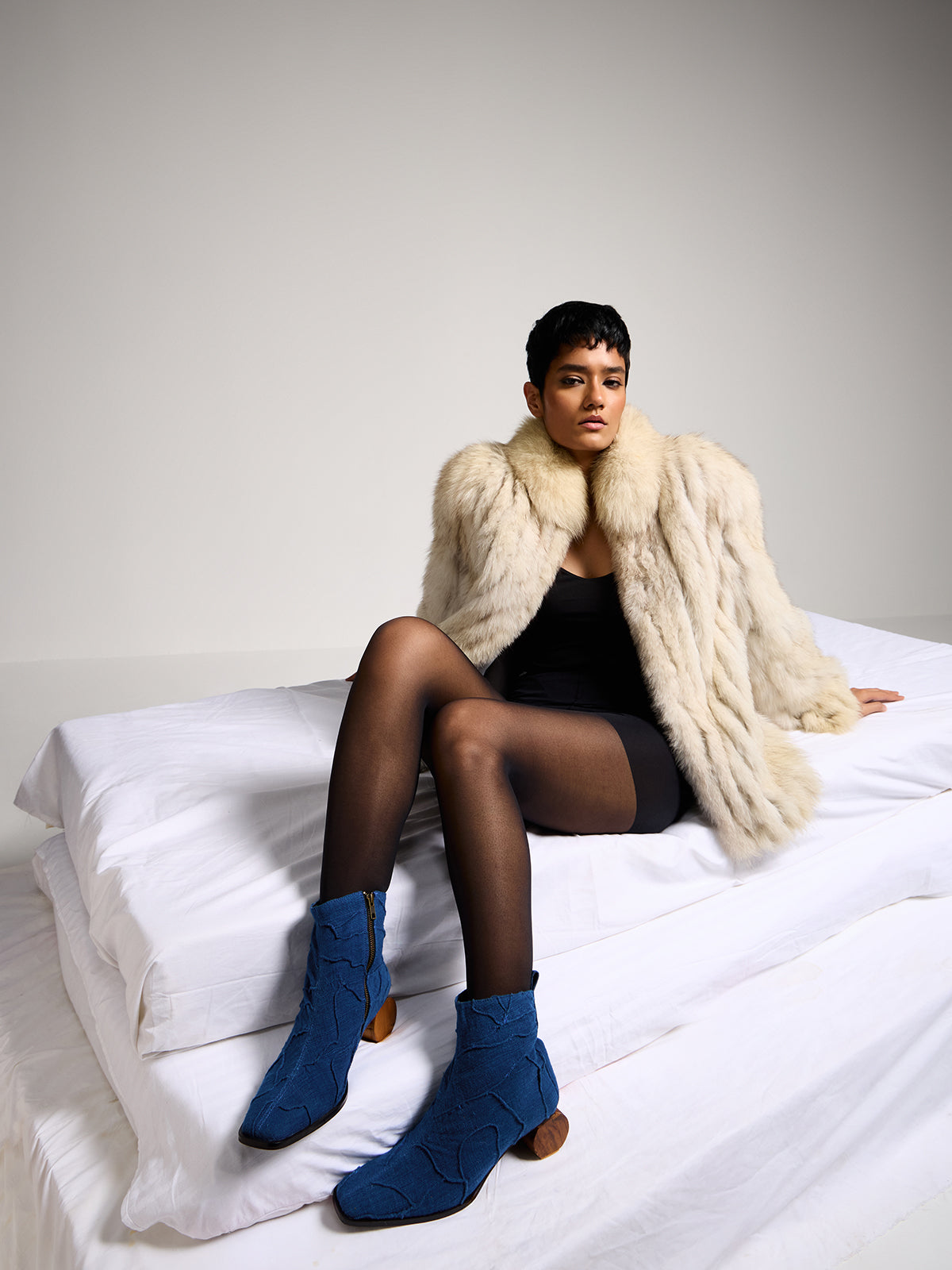 Indigo Blue Handwoven Cotton & Wooden Circular Heel Ankle Boots