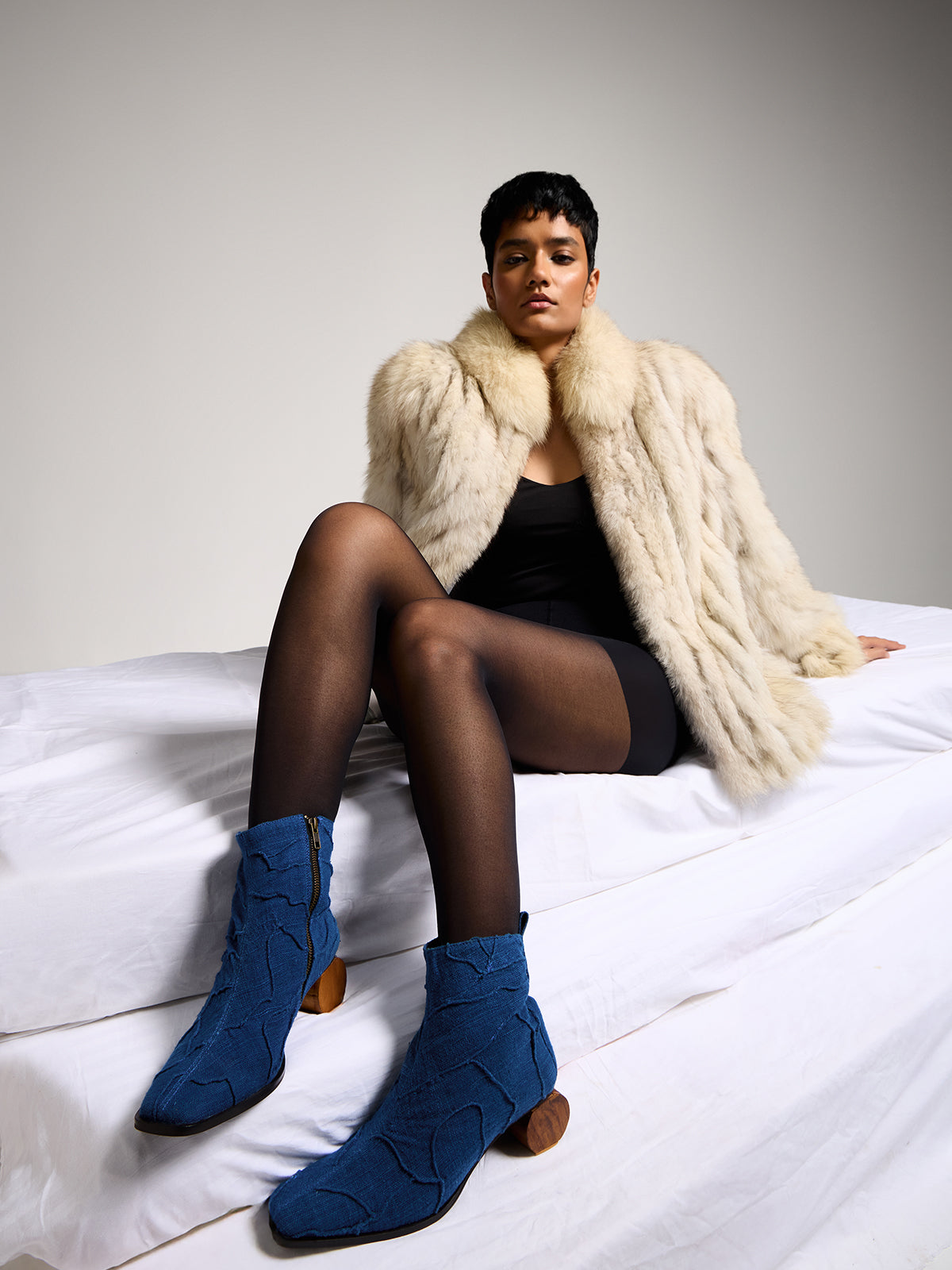 Indigo Blue Handwoven Cotton & Wooden Circular Heel Ankle Boots