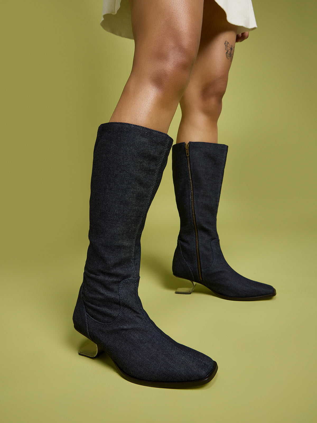 Mid Indigo Denim and Stainless Steel Knee Boots