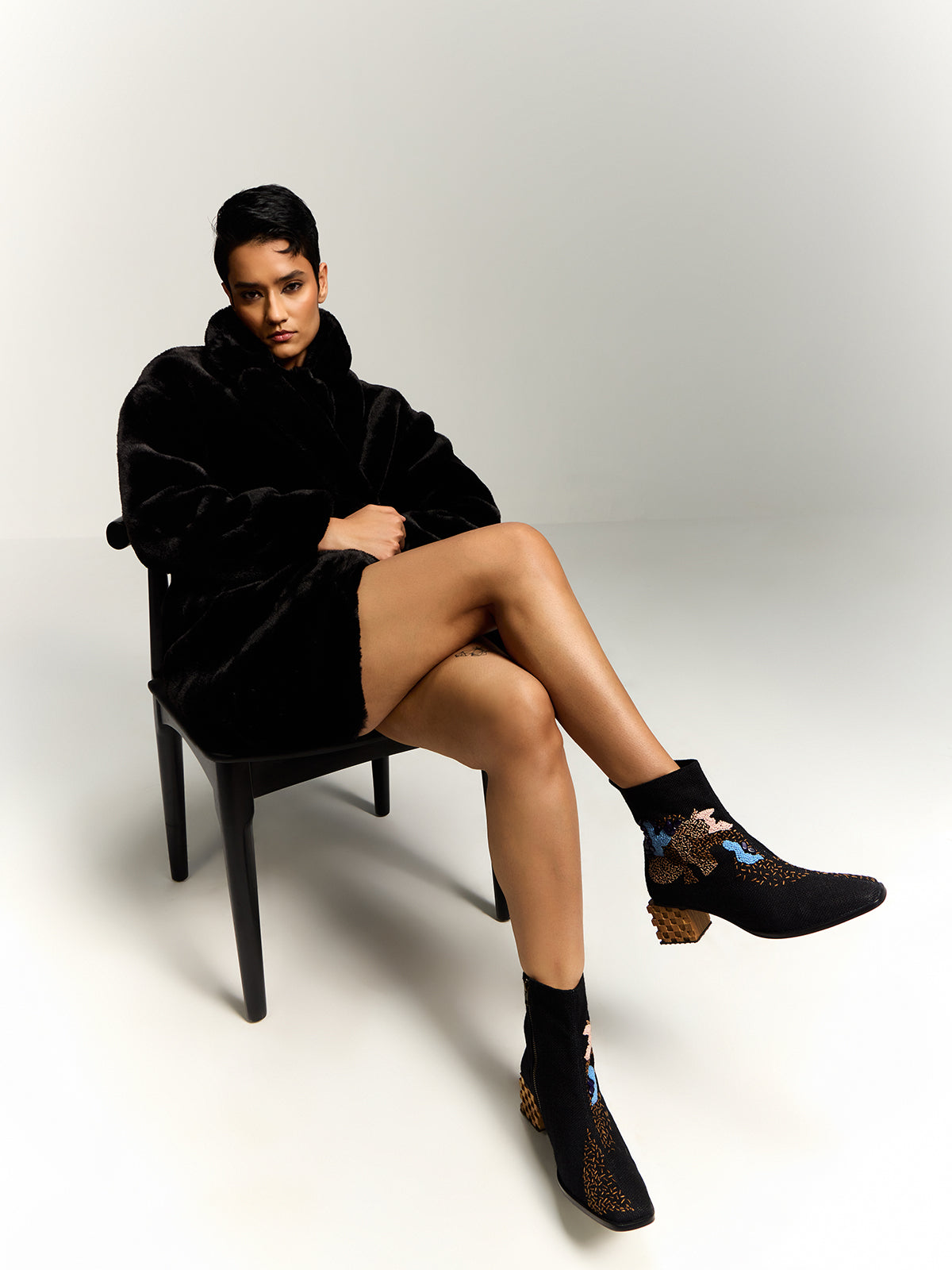 Embroidered Graphite Black Humble Jute & Wooden Block Heel Ankle Boots