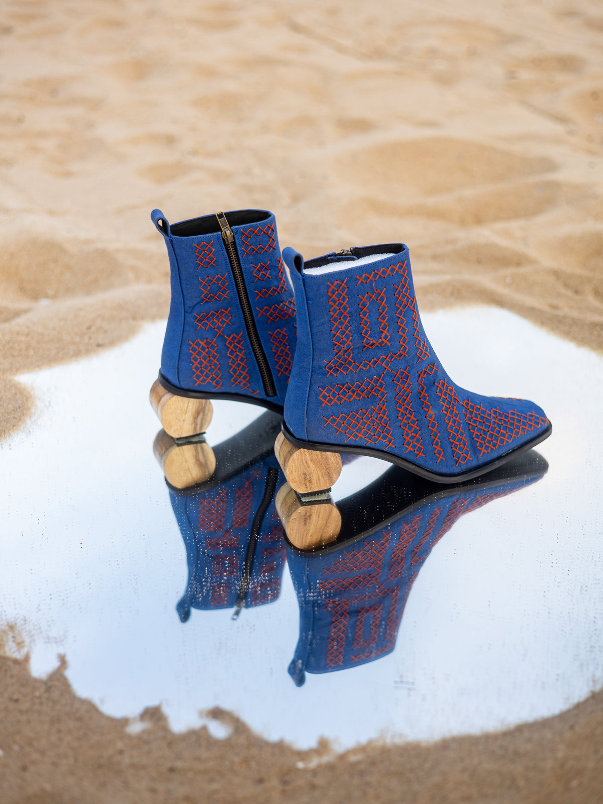 Embroidered Azure Blue Cellulose & Wooden Circular Heel Ankle Boots