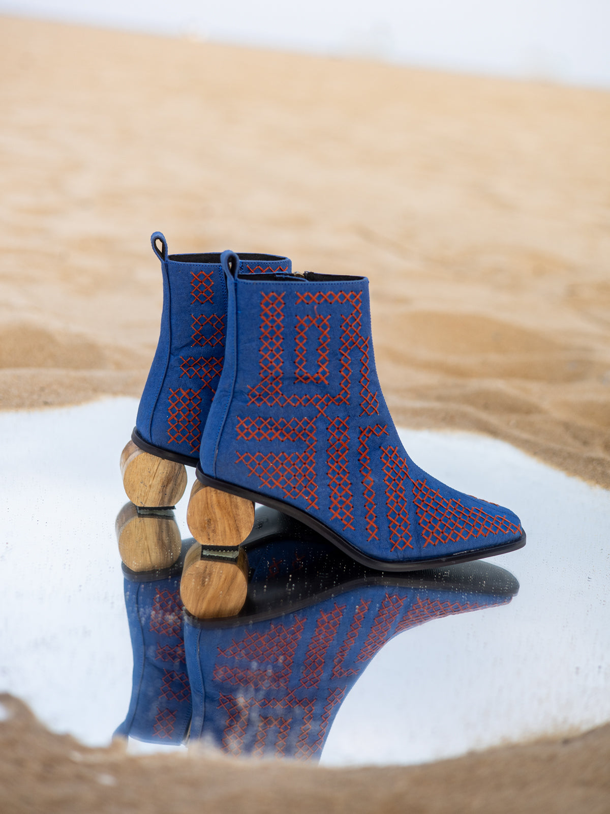 Embroidered Azure Blue Cellulose & Wooden Circular Heel Ankle Boots