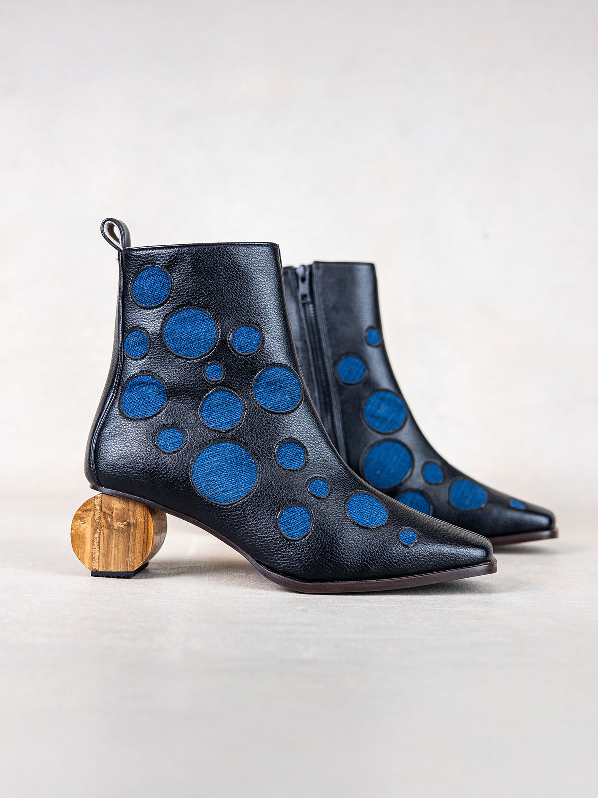 Black Plant Leather with Blue Inlays & Circular Wooden Heel Ankle Boot
