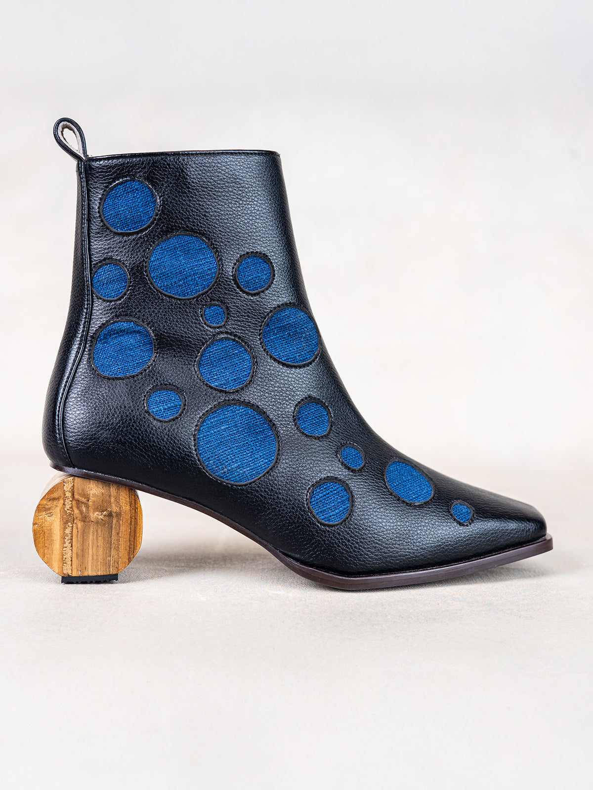 Black Plant Leather with Blue Inlays & Circular Wooden Heel Ankle Boot
