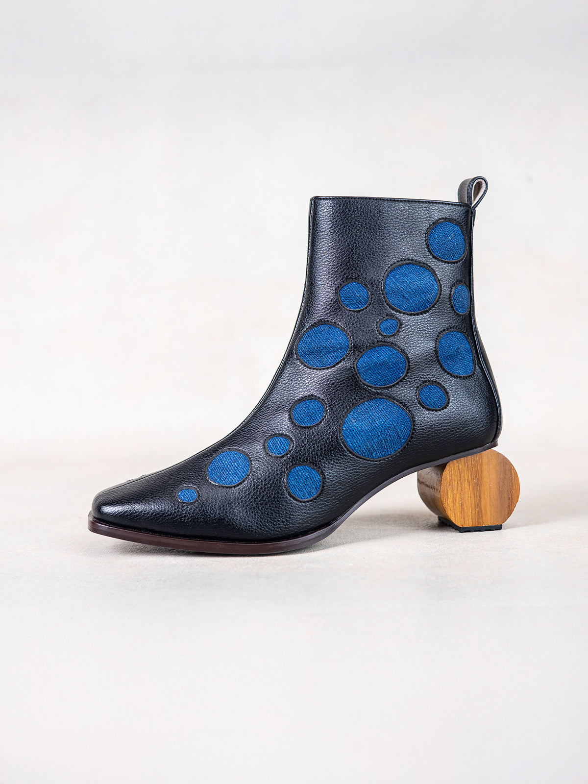 Black Plant Leather with Blue Inlays & Circular Wooden Heel Ankle Boot