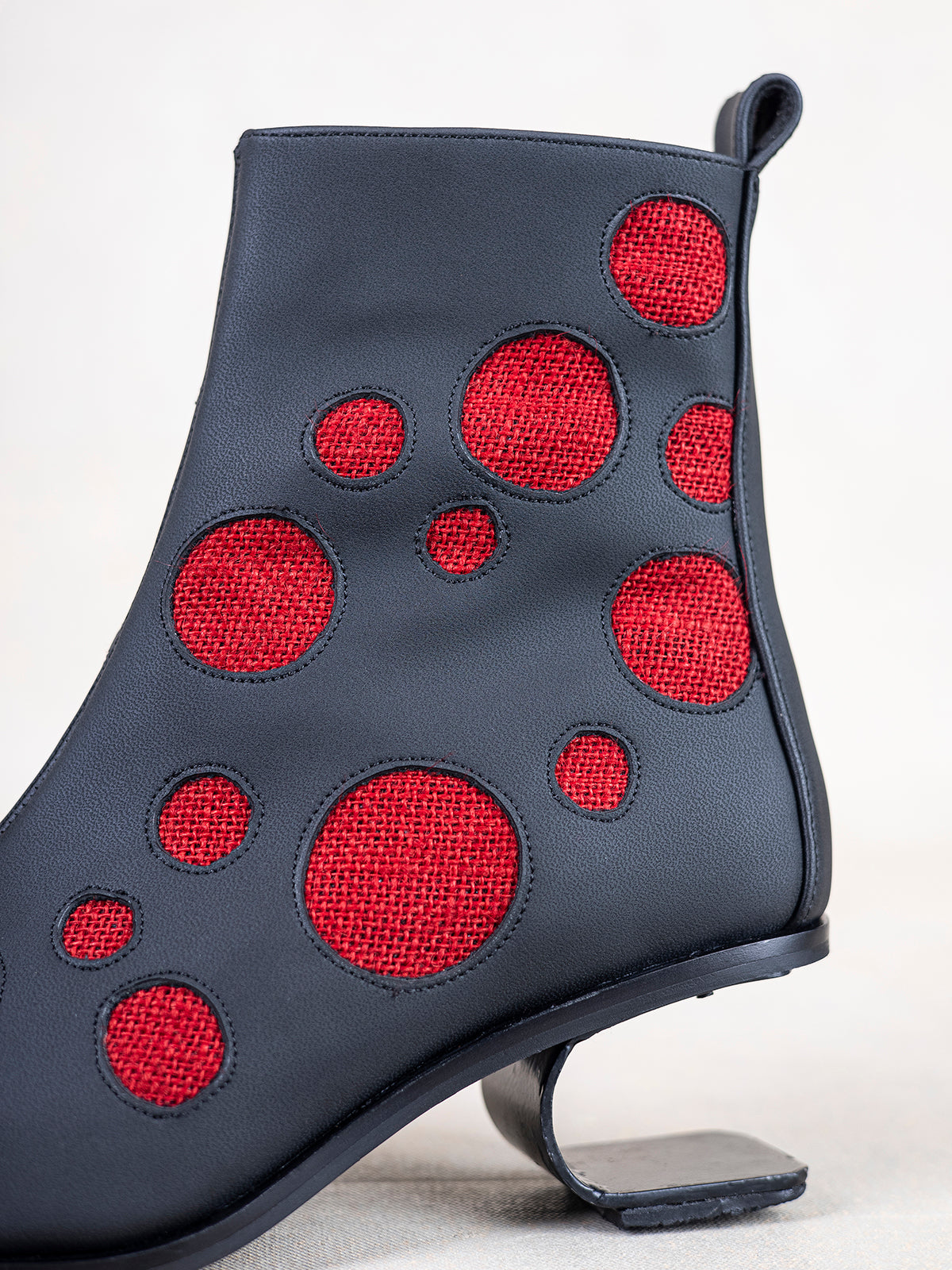 Black Plant Leather with Red Inlays & Stainless Steel Ankle Boot