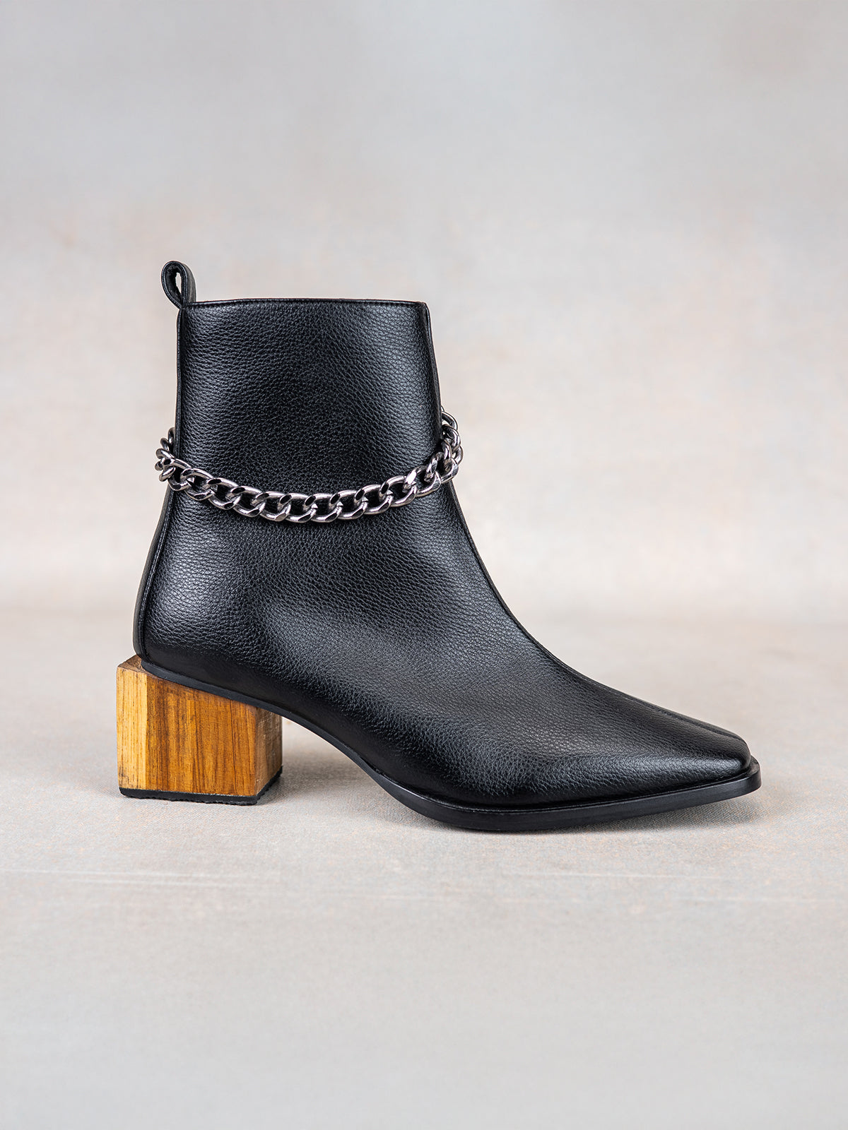 Onyx Black Plant Leather & Wooden Block Heel Ankle Boots with Cuban Link Chain