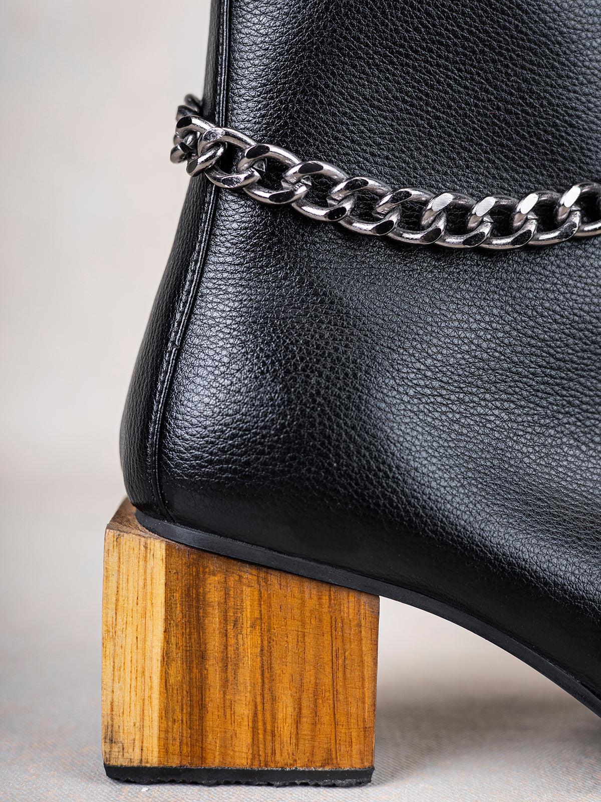Onyx Black Plant Leather & Wooden Block Heel Ankle Boots with Cuban Link Chain