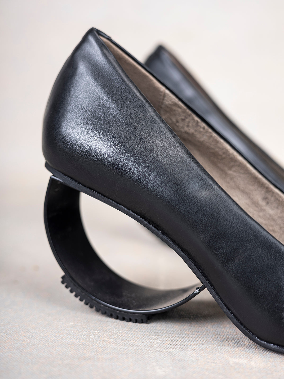 Midnight Black Plant Leather & Steel Crescent Heel Pumps