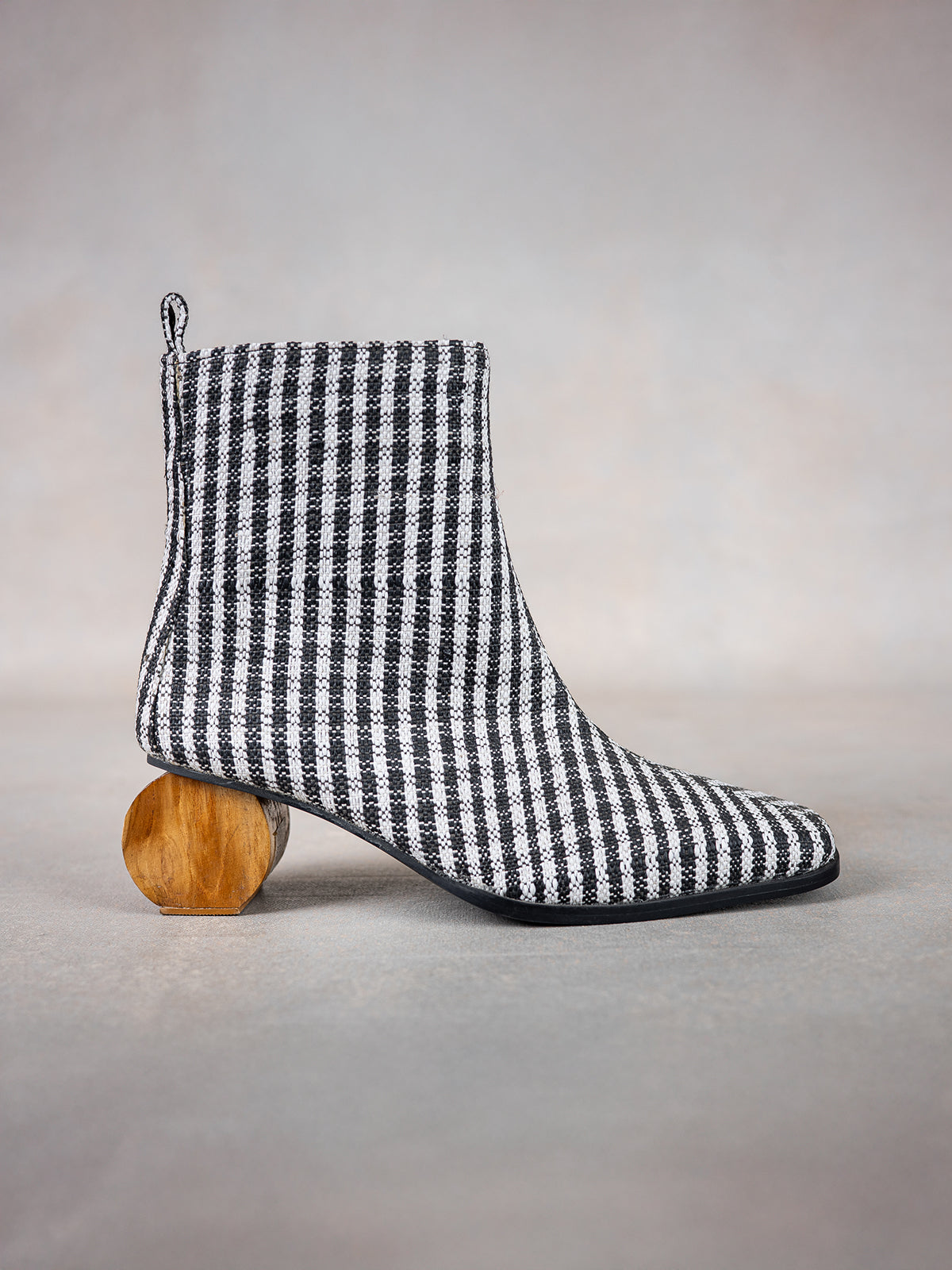 Black Gingham Upcycled Fabric & Wooden Circular Heel Ankle Boots