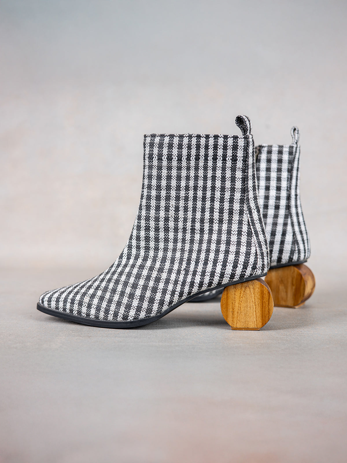 Black Gingham Upcycled Fabric & Wooden Circular Heel Ankle Boots