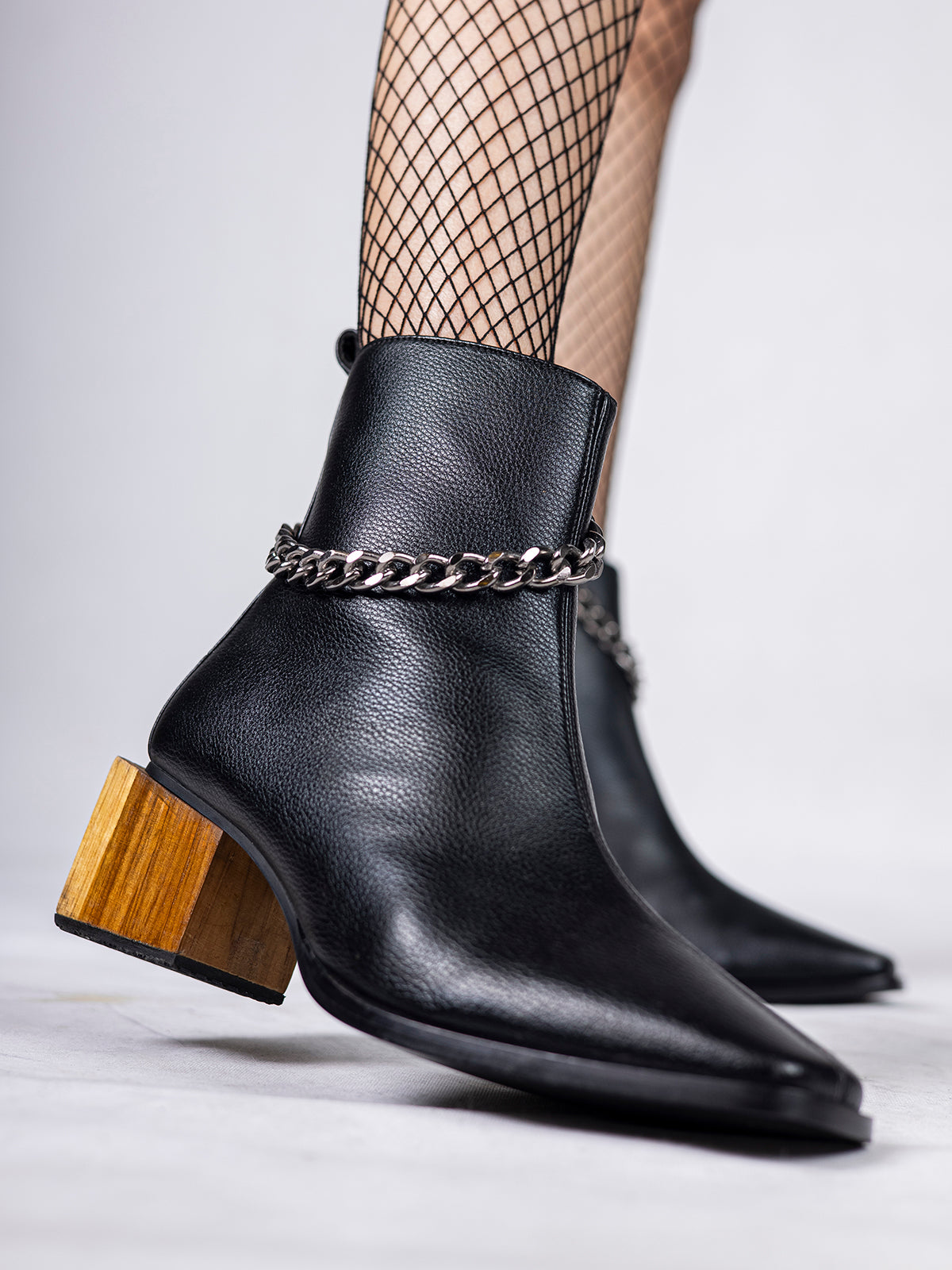 Onyx Black Plant Leather & Wooden Block Heel Ankle Boots with Cuban Link Chain