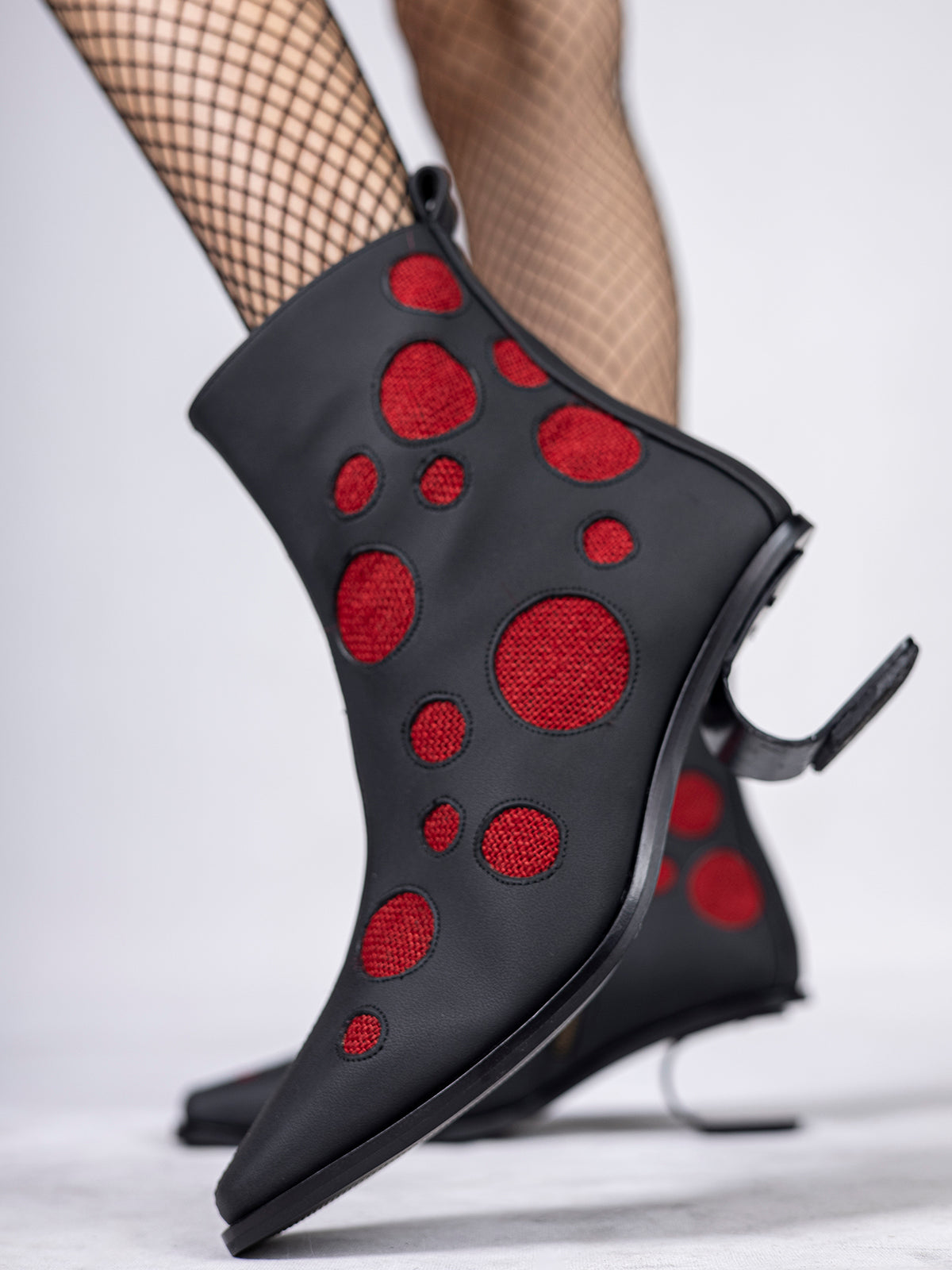 Black Plant Leather with Red Inlays & Stainless Steel Ankle Boot