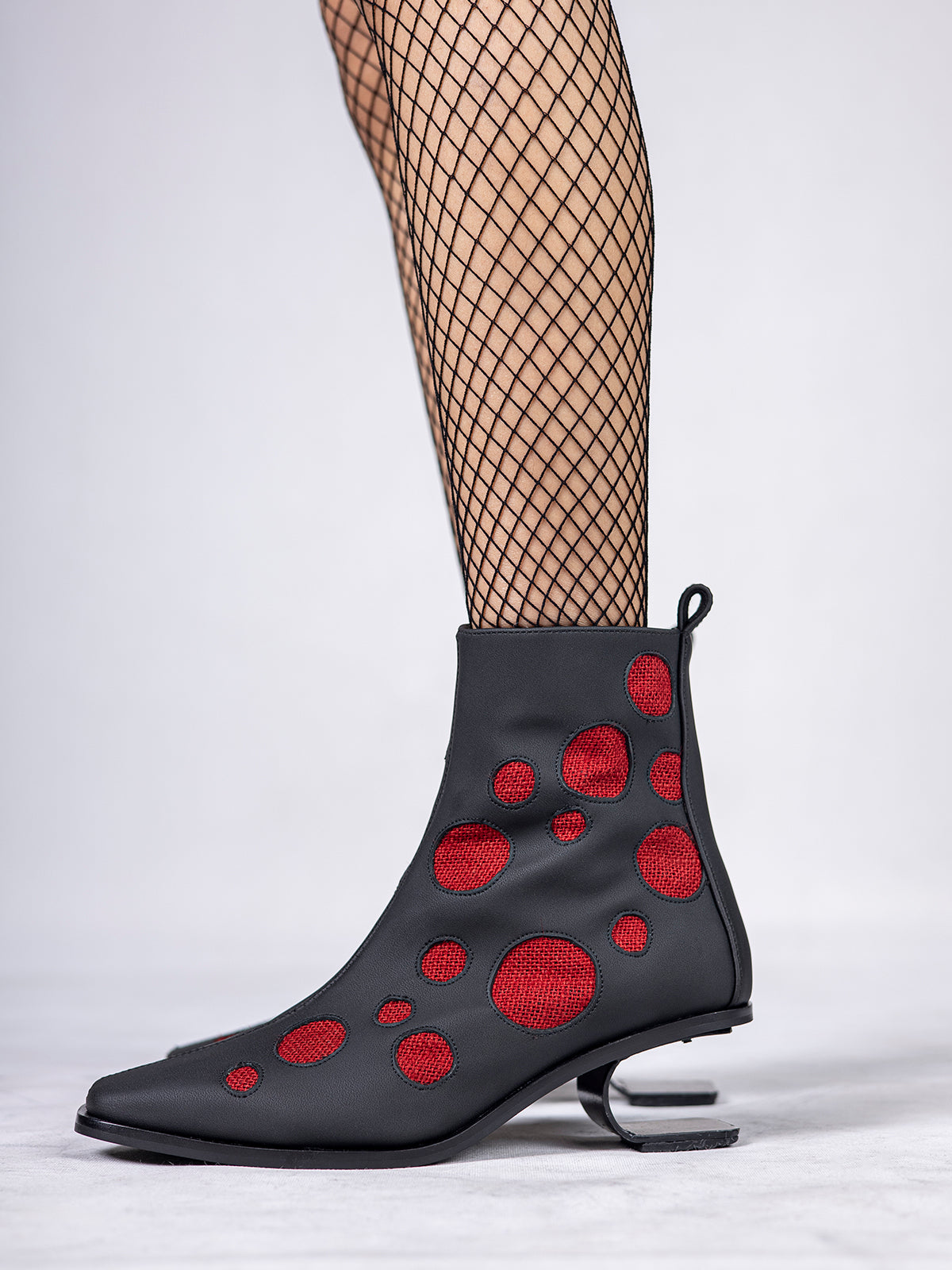 Black Plant Leather with Red Inlays & Stainless Steel Ankle Boot