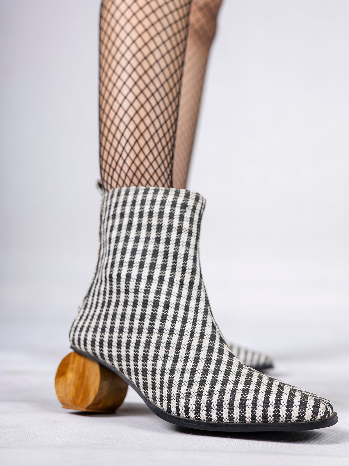 Black Gingham Upcycled Fabric & Wooden Circular Heel Ankle Boots