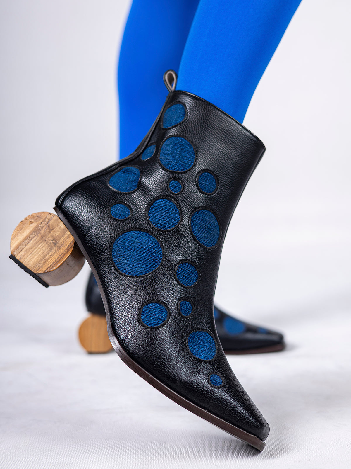 Black Plant Leather with Blue Inlays & Circular Wooden Heel Ankle Boot