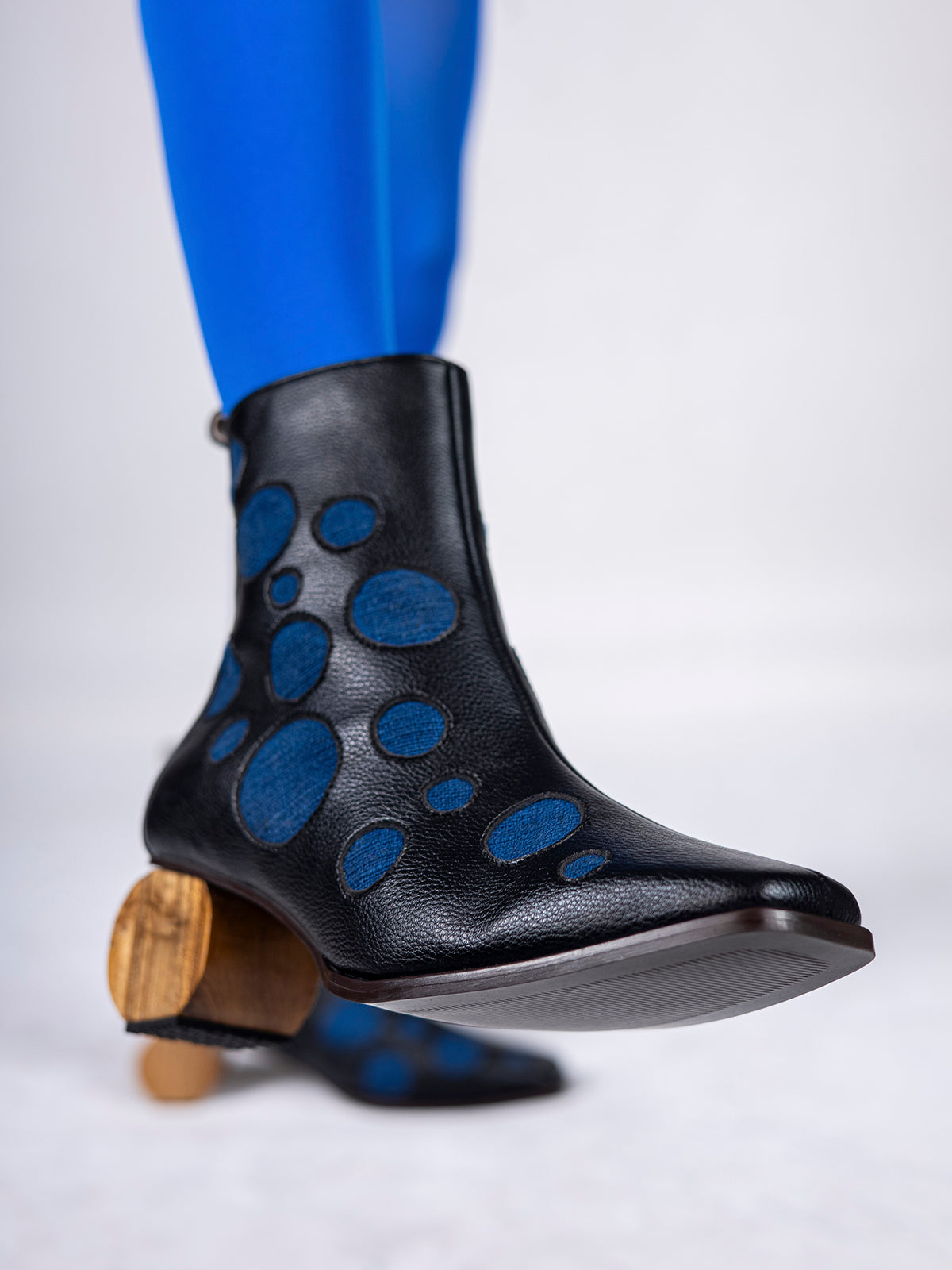Black Plant Leather with Blue Inlays & Circular Wooden Heel Ankle Boot
