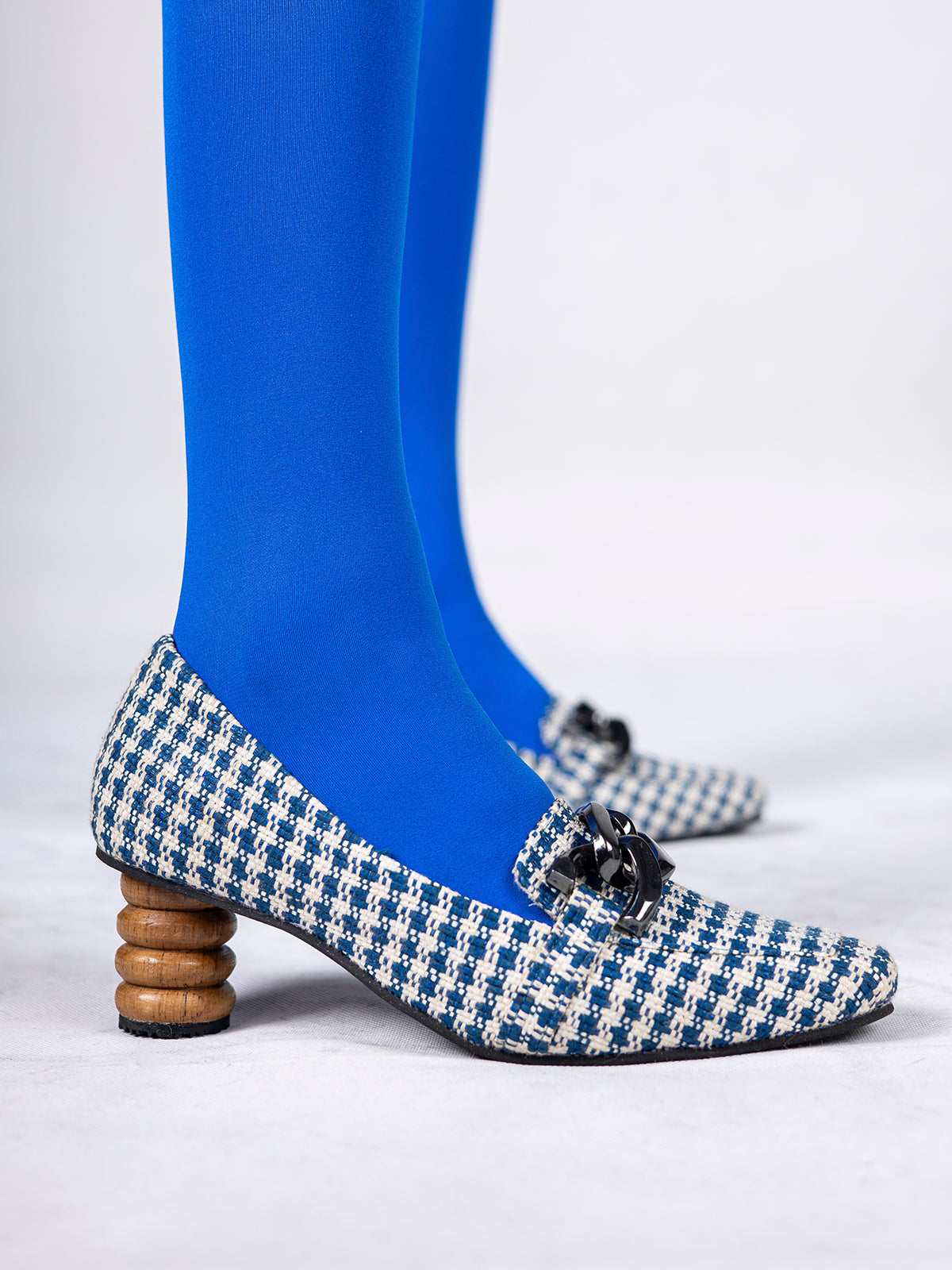 Blue Gingham Upcycled Fabric & Teak Wood Loafers