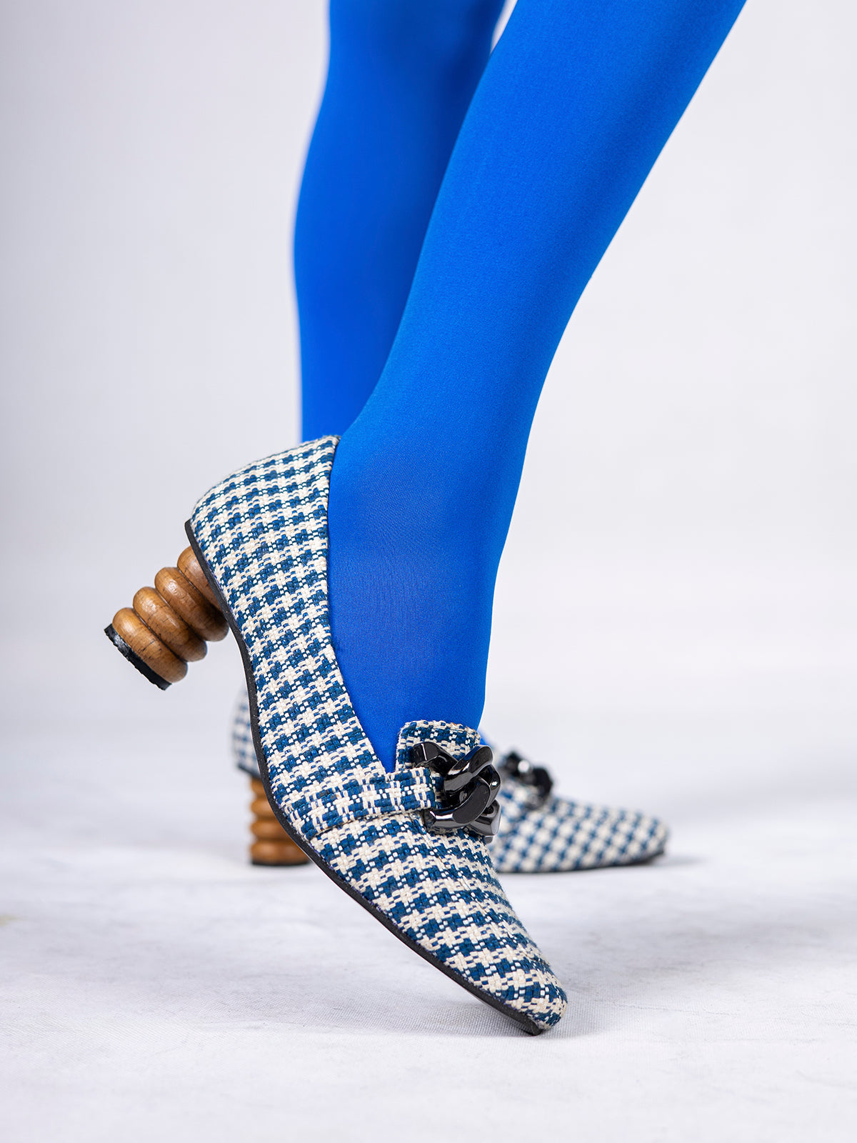 Blue Gingham Upcycled Fabric & Teak Wood Loafers