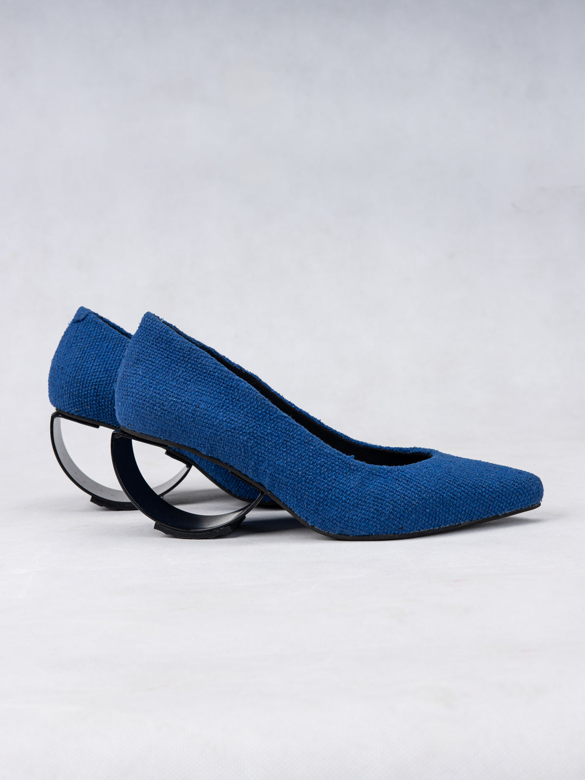 Electric Blue Handwoven Cotton & Steel Crescent Heel Pumps