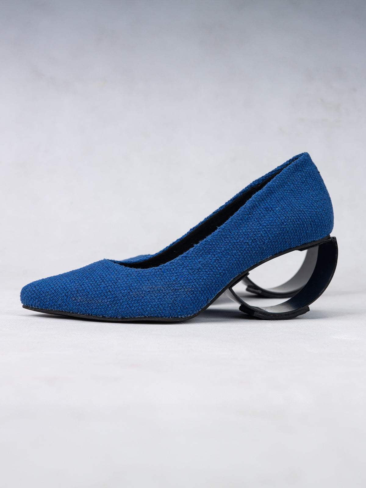 Electric Blue Handwoven Cotton & Steel Crescent Heel Pumps