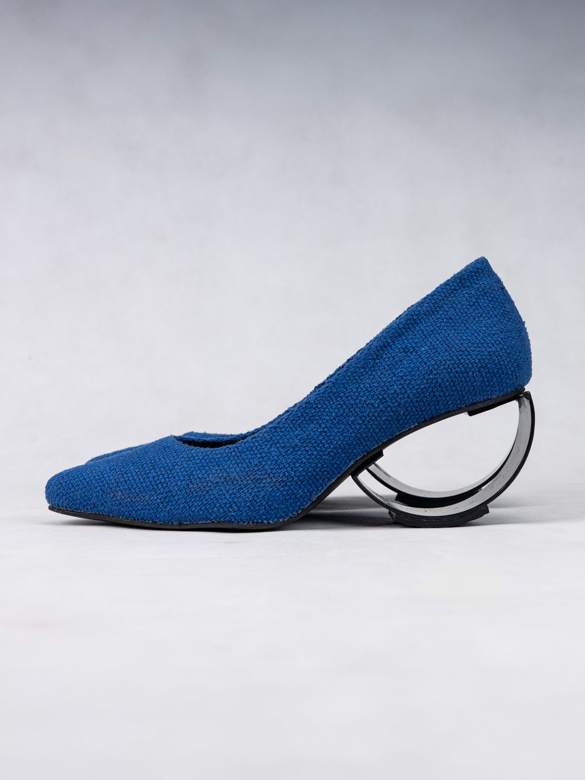Electric Blue Handwoven Cotton & Steel Crescent Heel Pumps