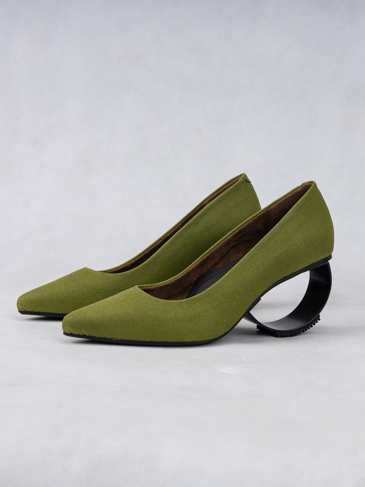Lime Green Plant Leather & Steel Crescent Heel Pumps