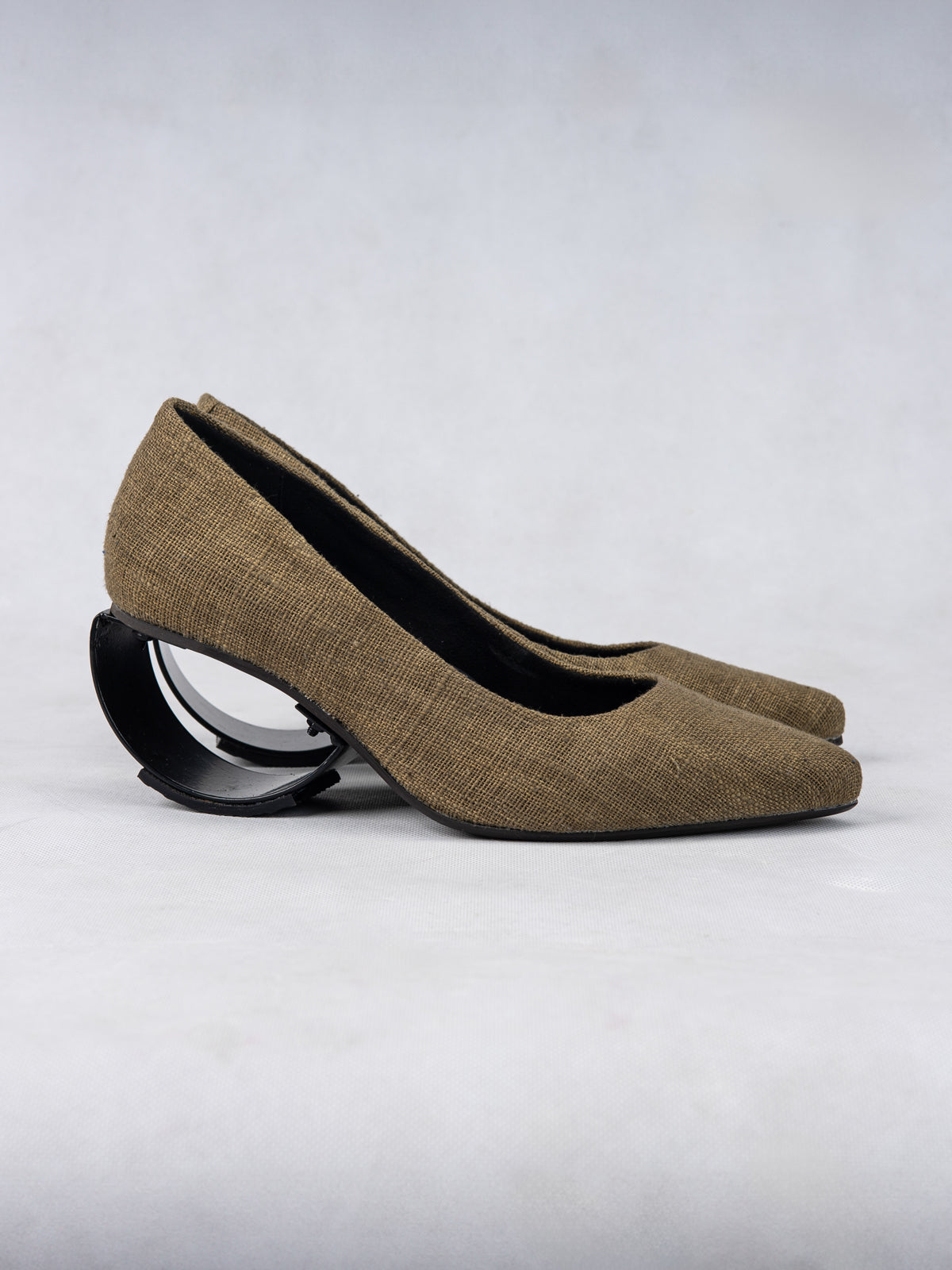 Sage Green Organic Cotton & Steel Crescent Heel Pumps