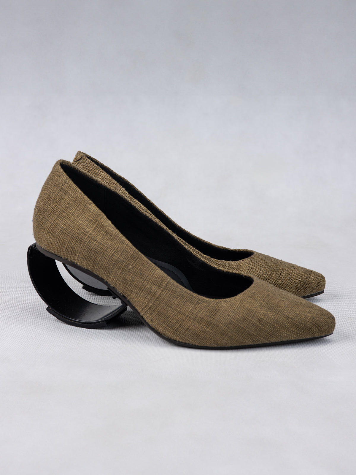 Sage Green Organic Cotton & Steel Crescent Heel Pumps