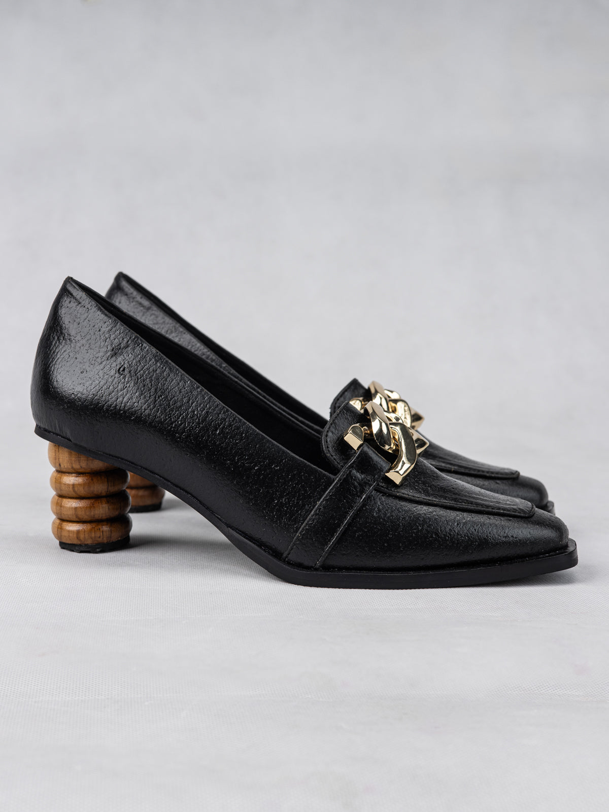 Midnight Black Plant Leather & Teak Wood Loafers