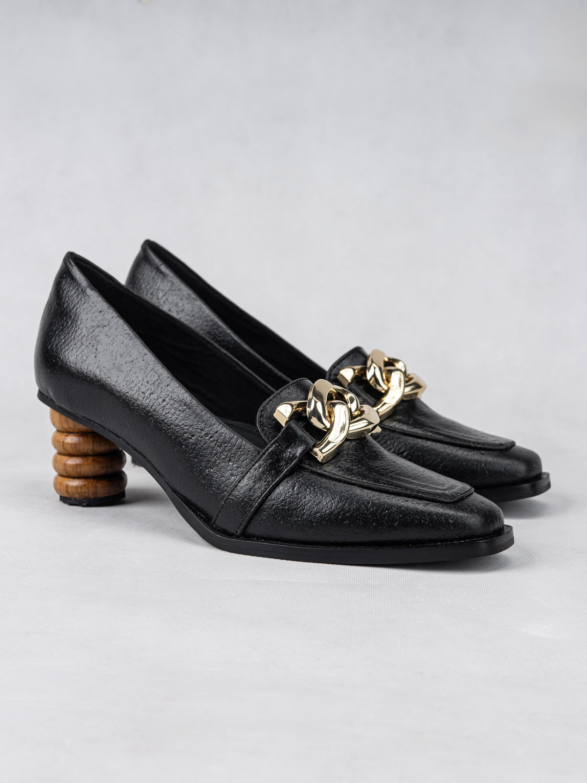 Midnight Black Plant Leather & Teak Wood Loafers