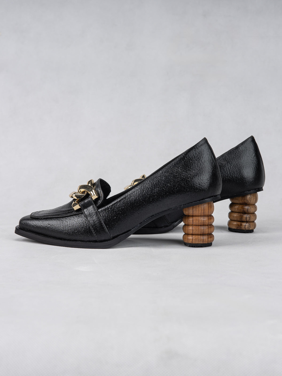 Midnight Black Plant Leather & Teak Wood Loafers